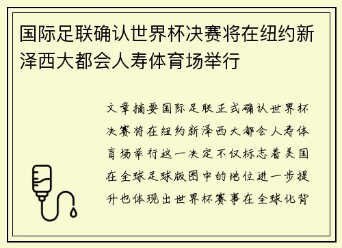 国际足联确认世界杯决赛将在纽约新泽西大都会人寿体育场举行